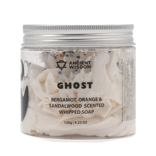 Jar of 'Ghost' whipped soap with 'Ancient Wisdom' branding on a white background