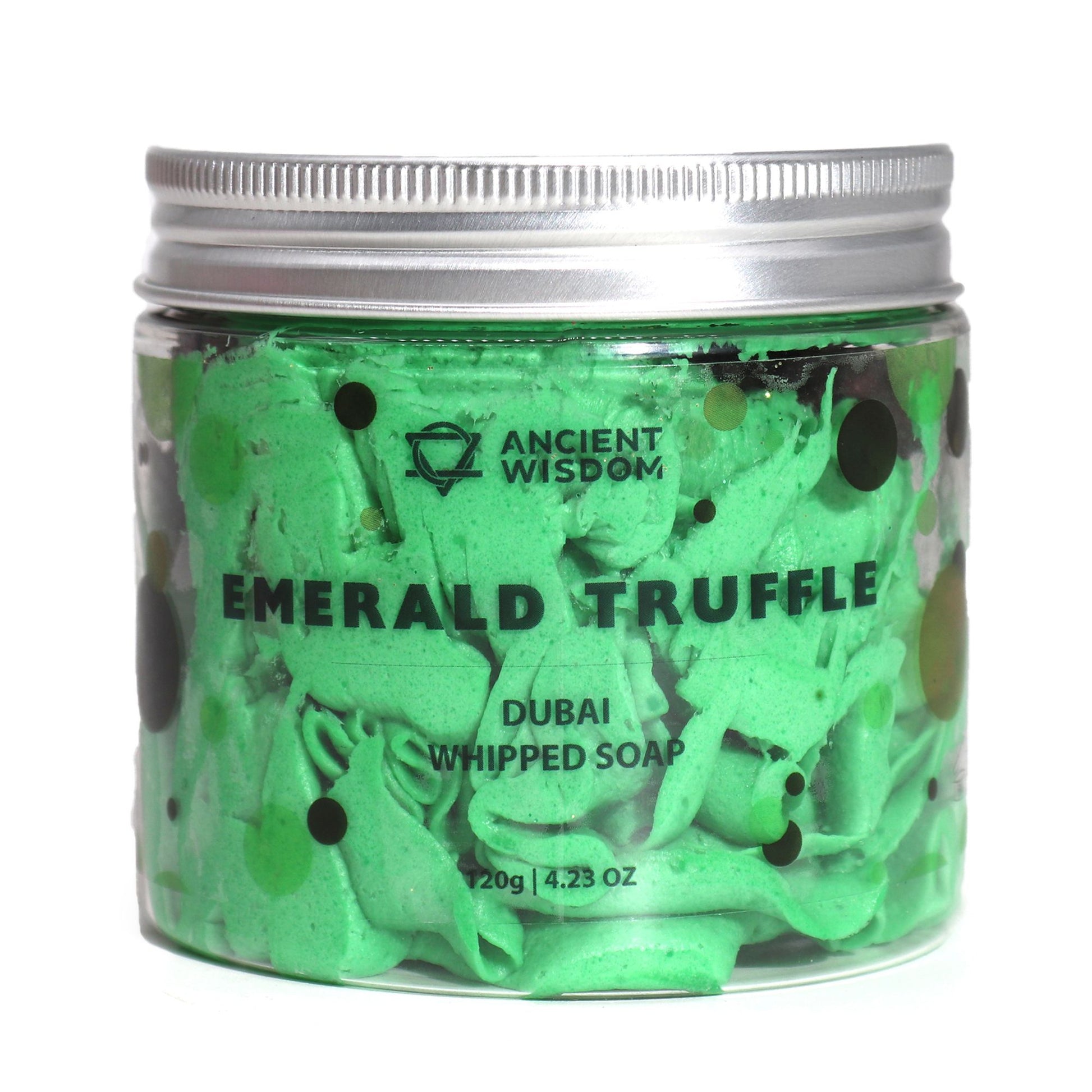 Jar of green whipped soap labeled 'Emerald Truffle' with 'Ancient Wisdom' branding.