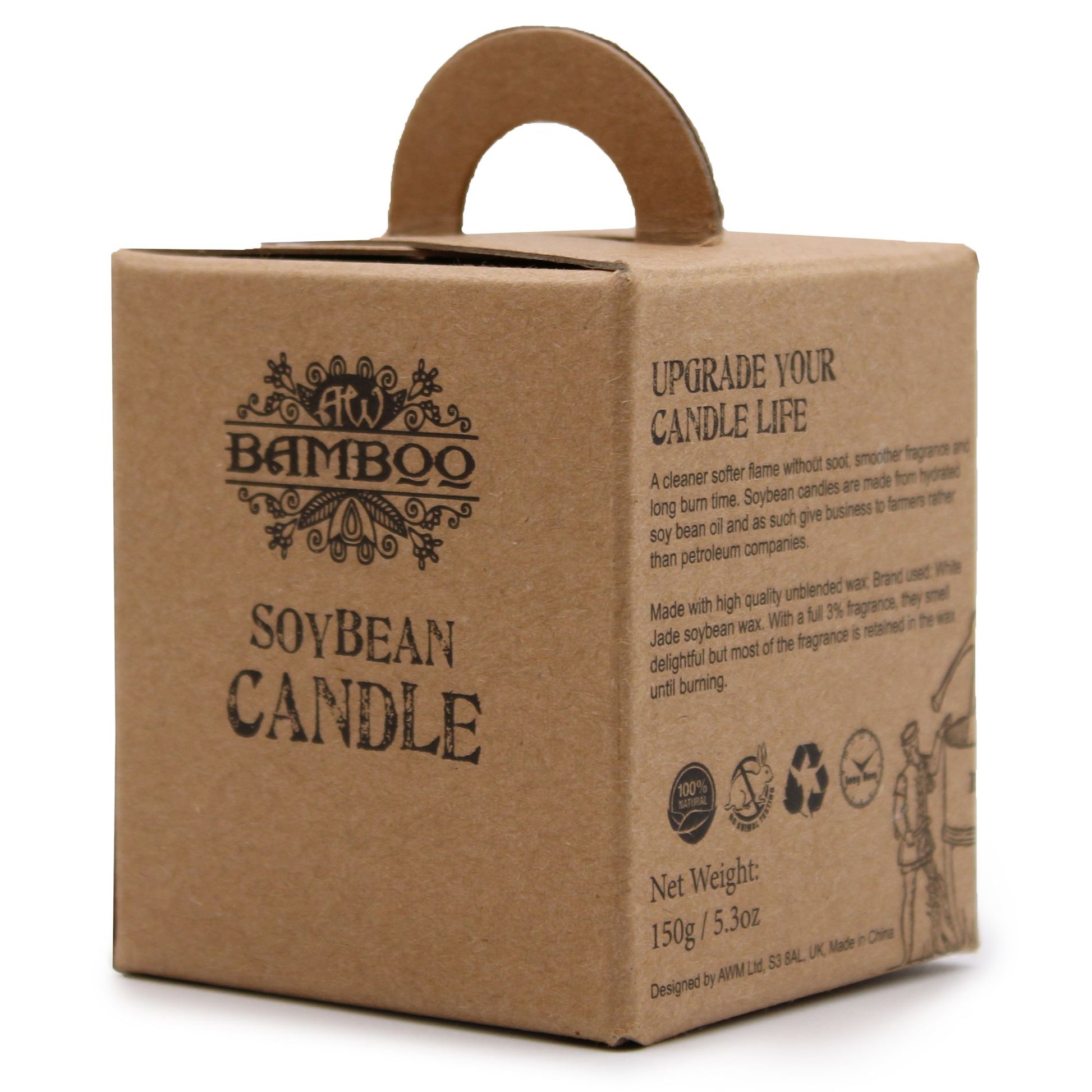 Brown cardboard box packaging for a soybean candle with branding and text.