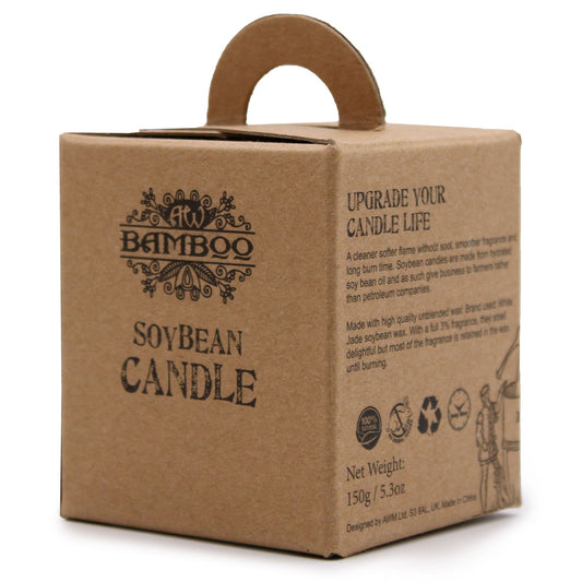 Brown cardboard box packaging for a soybean candle with branding and text.
