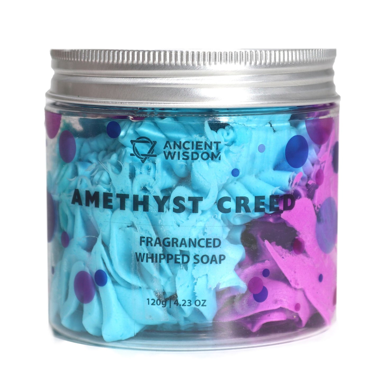 Jar of amethyst creed fragranced whipped soap with colorful texture