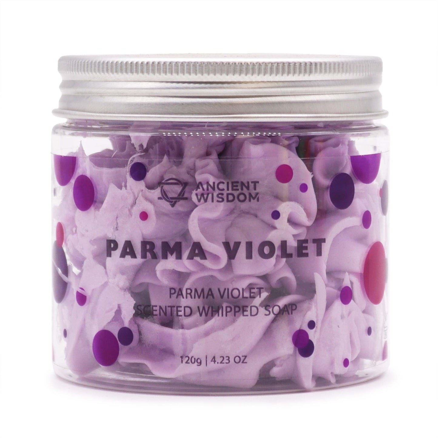 Jar of Parma Violet scented whipped soap with 'Ancient Wisdom' branding on a white background