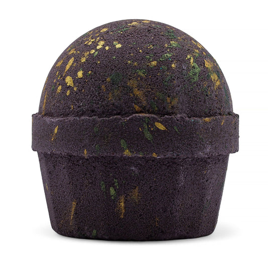 Black spherical bath bomb with speckled pattern on a white background