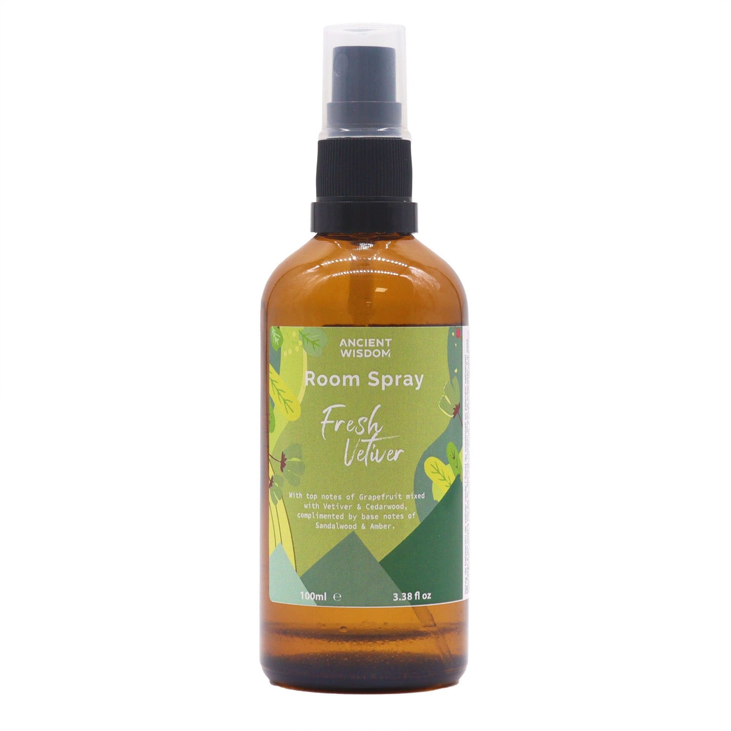Room spray bottle with green label on a white background