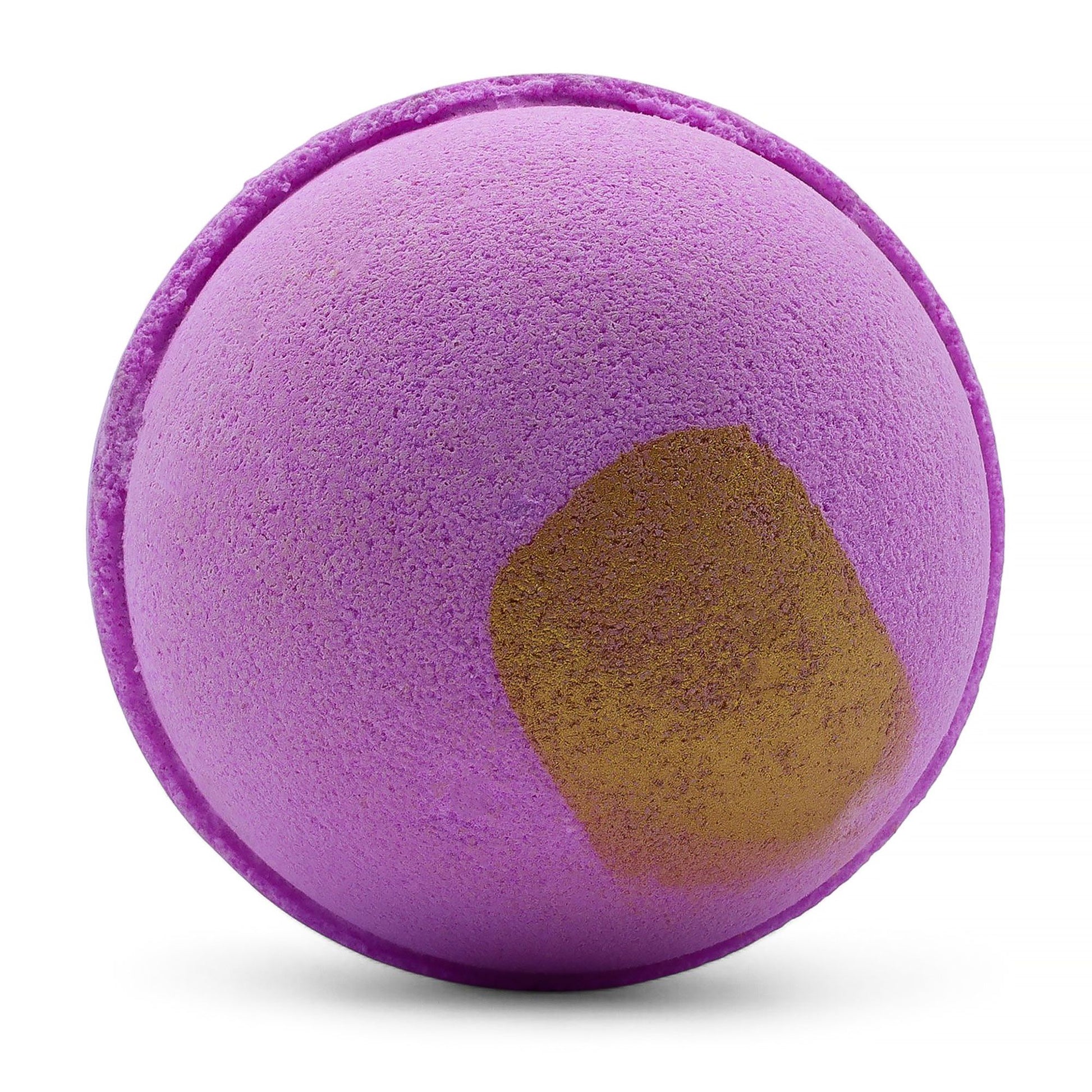 Purple bath bomb with a brown patch on a white background
