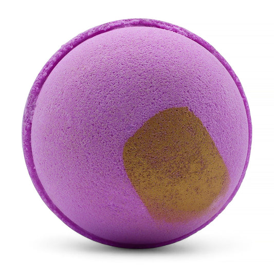 Purple bath bomb with a brown patch on a white background