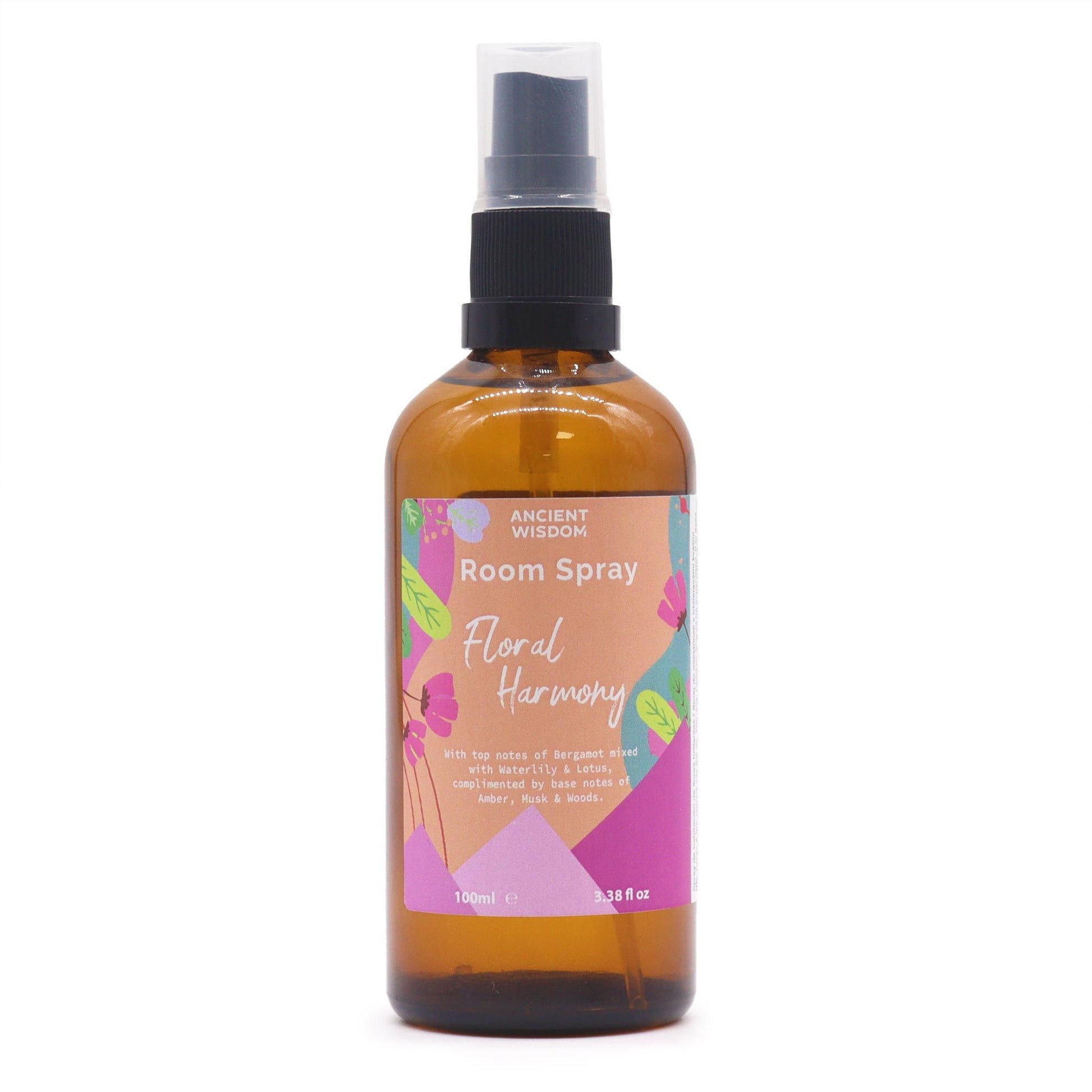 Room spray bottle labeled 'Floral Harmony' on a white background