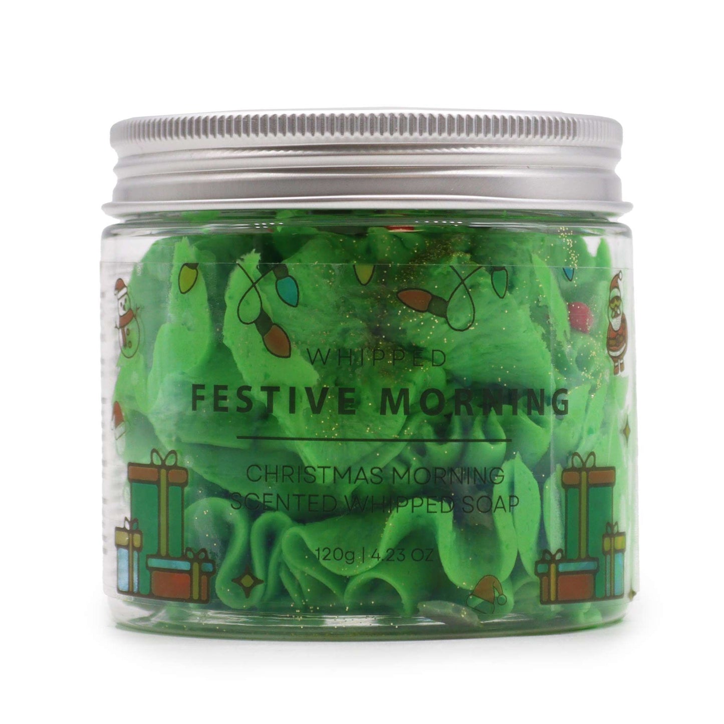 Green whipped soap in a jar with festive design on a white background