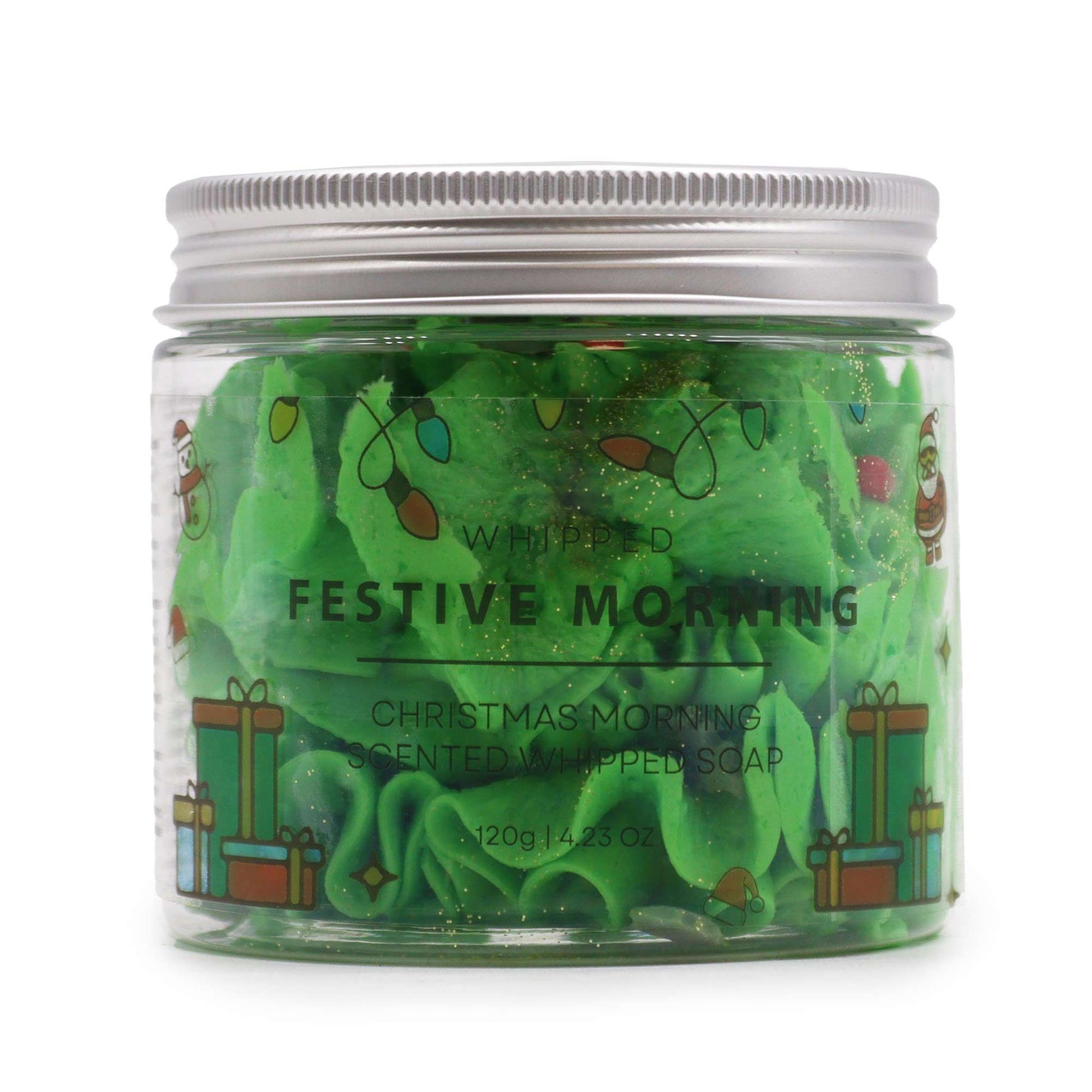 Green whipped soap in a jar with festive design on a white background