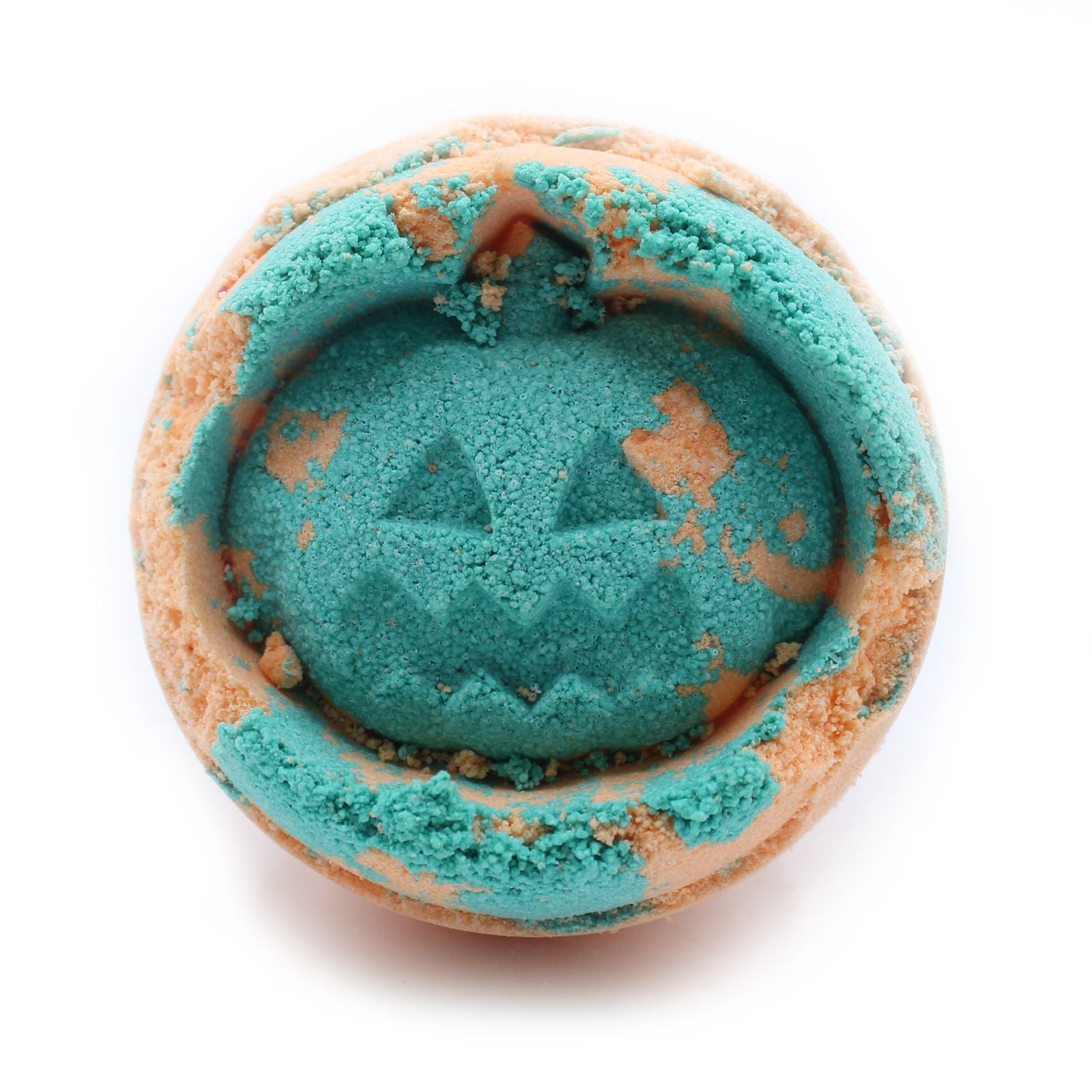 Bath bomb with turquoise center and beige rim on a white background