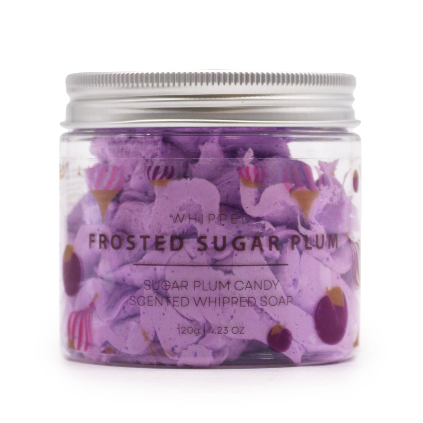 Jar of 'Frosted Sugar Plum' scented whipped soap with decorative packaging.