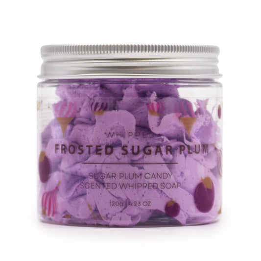 Jar of 'Frosted Sugar Plum' scented whipped soap with decorative packaging.