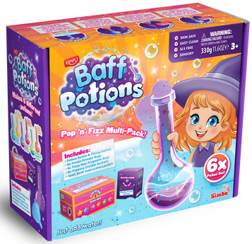 Box of Baff Potions with a child holding a potion bottle on an orange background