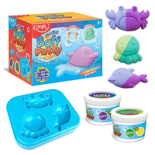 Zimpli Floating Baff Putty toy set with packaging, putty containers, and mold.