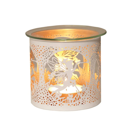Decorative candle holder with fairy design on a white background