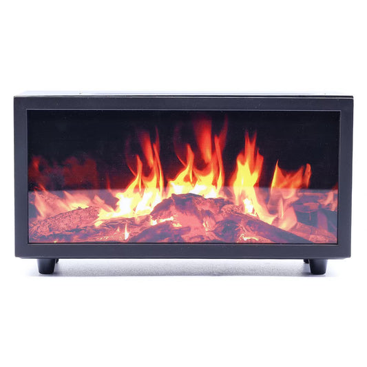 Modern electric fireplace insert with glowing flames on a white background
