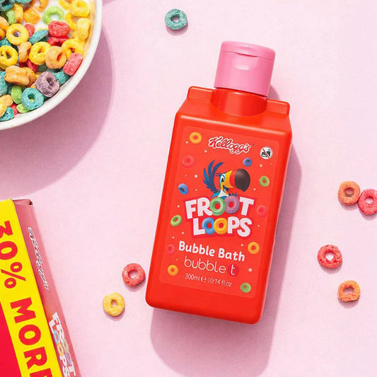 Red Froot Loops bubble bath bottle with colorful cereal loops on a pink background