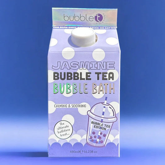 Carton of Jasmine Bubble Tea Bubble Bath on a blue background