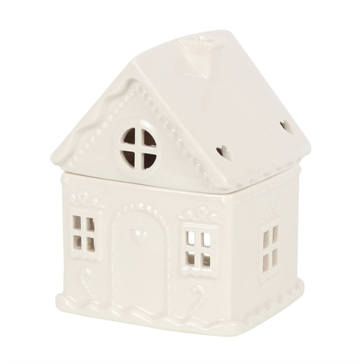 White ceramic house-shaped lantern on a white background