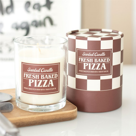 Scented candle labeled 'Fresh Baked Pizza' next to its packaging on a surface.