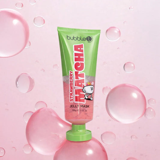 Tube of Strawberry Matcha Jelly Mask with bubbles on a pink background