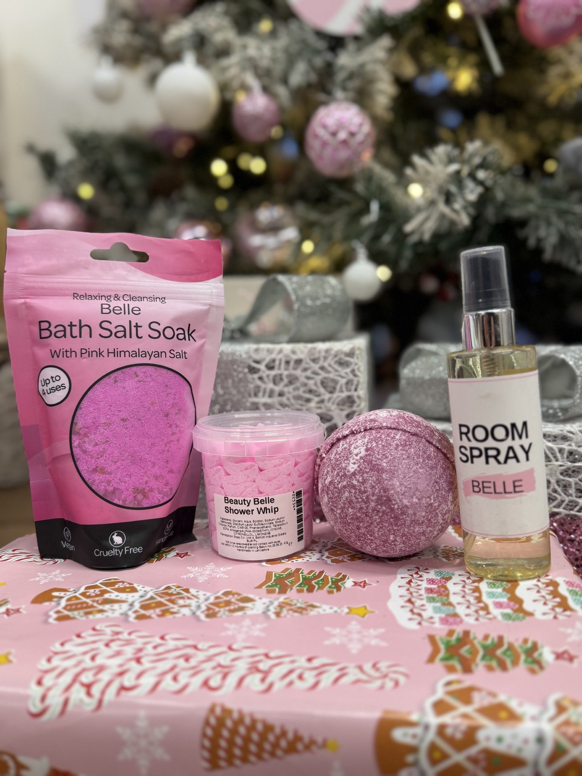 room spray, bath bomb, soap, gift set