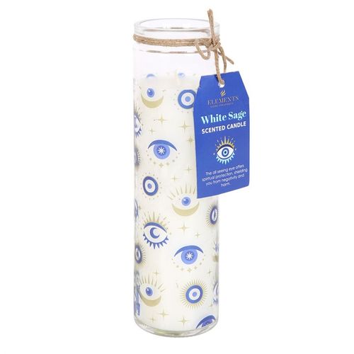 A white sage scented tube candle with blue eye patterns, presented in a clear glass jar with a label indicating the fragrance and approximately 70 hours burn time.